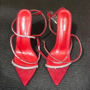 Fashion Nova Red and Silver Strappy Heels